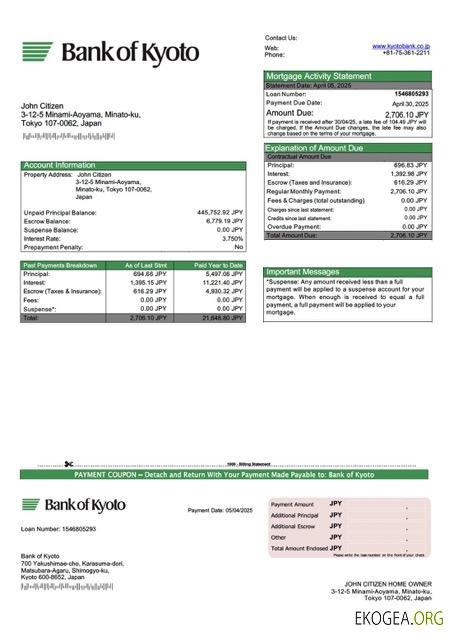 Modèle Word et PDF de relevé hypothécaire de la Banque japonaise de Kyoto